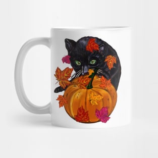 Pumpkin,maple leaf, black cat and falling autumn leaves Mug